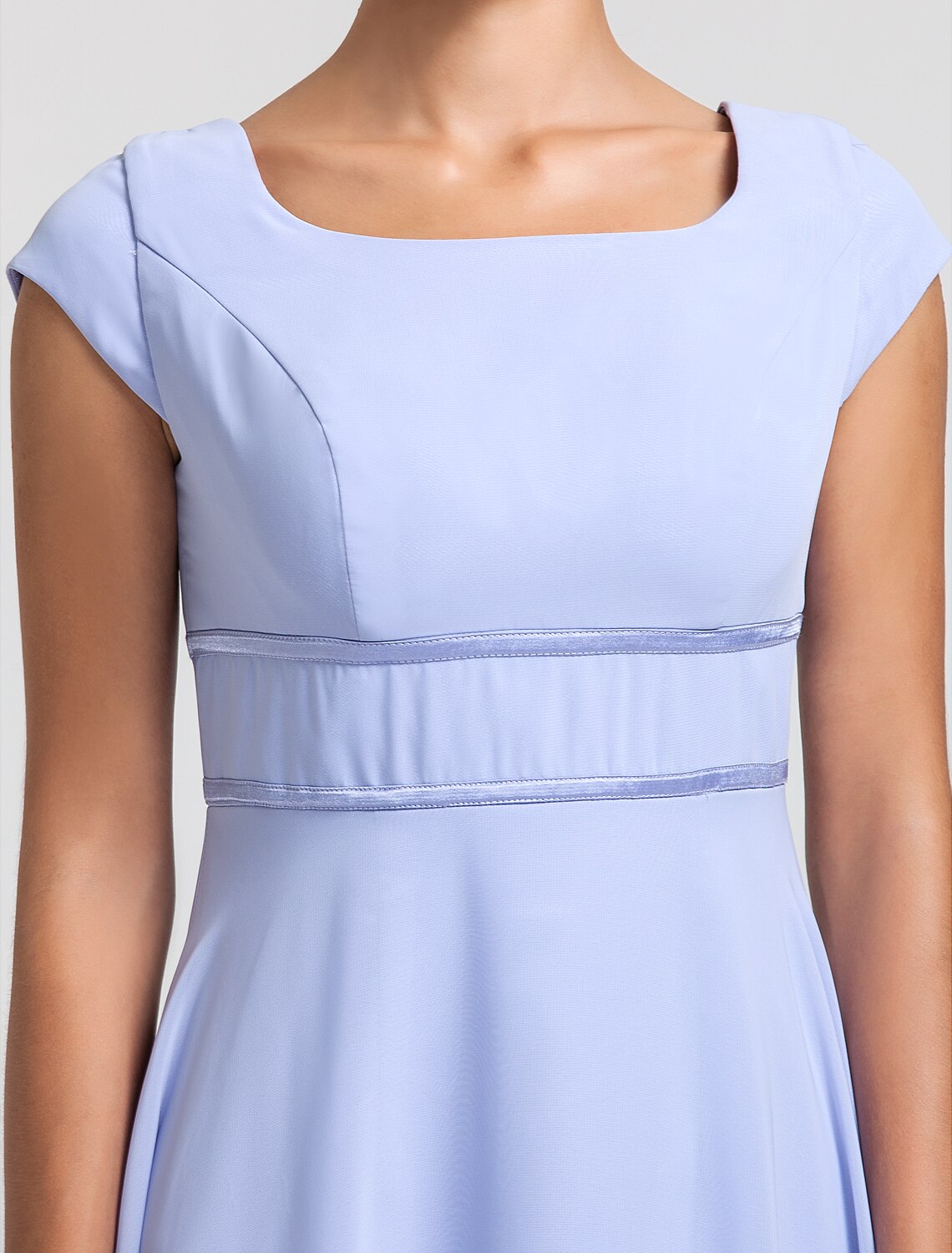 Vestido de dama de honor con corte tubo/columna, escote cuadrado, manga corta, elegante, largo hasta el suelo, de gasa, con faja/cinta/plisado