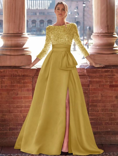 Sparkly Boatneck Sequins Satin Long Sleeve formal dresses Bridesmaid Dresses evening gown Prom Dress with Slit