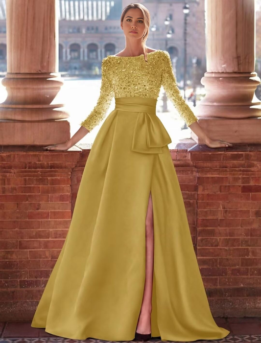 Sparkly Boatneck Sequins Satin Long Sleeve formal dresses Bridesmaid Dresses evening gown Prom Dress with Slit