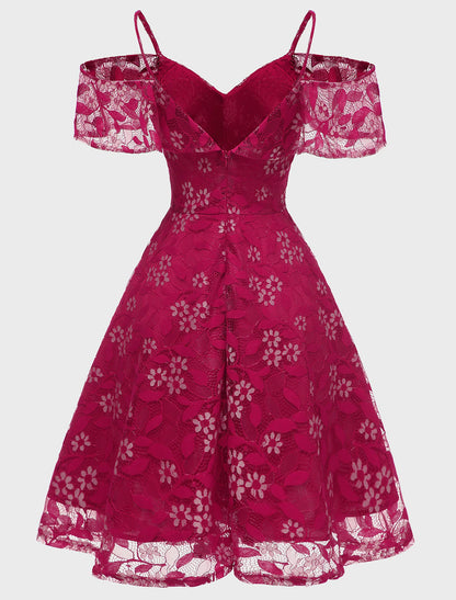 A-Line Cocktail Dresses Vintage Dress Party Wear Knee Length Short Sleeve V Neck Lace with Lace Insert Pattern / Print