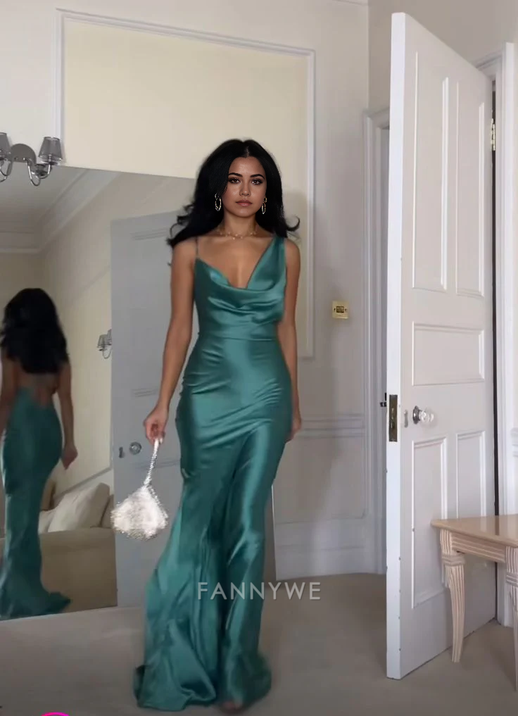 Sheath Straps Cross Back Satin Blue Long formal dresses Bridesmaid Dresses evening gown Prom Dress