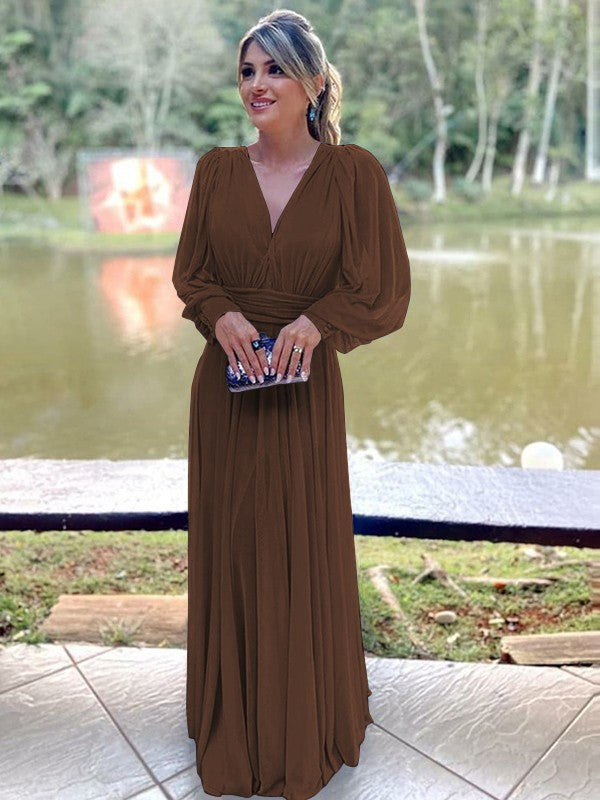 A-Line/Princess Chiffon Ruffles V-neck Long Sleeves Floor-Length Mother of the Bride Dresses