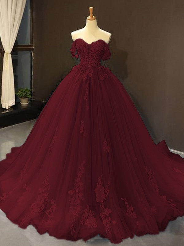 Ball Gown Tulle Off-the-Shoulder Sleeveless Applique Sweep/Brush Train Dresses