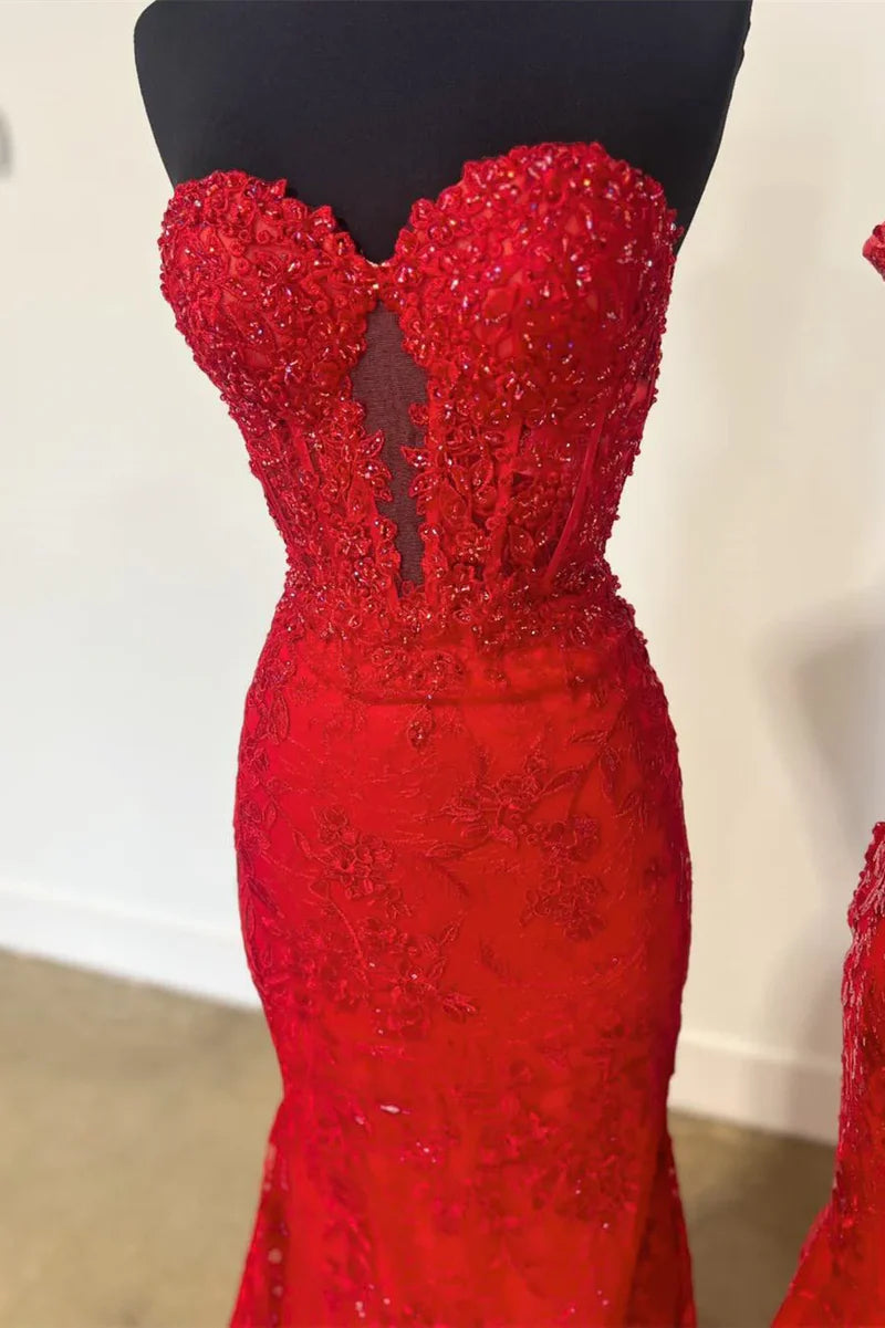 Vestidos de fiesta largos con apliques de encaje y escote corazón de sirena