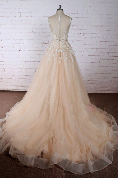 Round neck lace applique tulle long prom dress