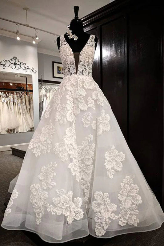 V neck lace long prom dress
