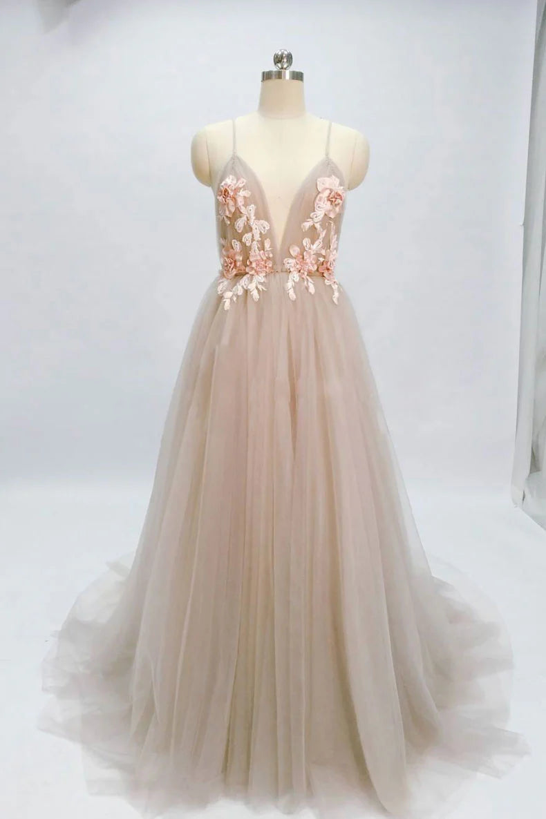 V neck tulle long prom dress