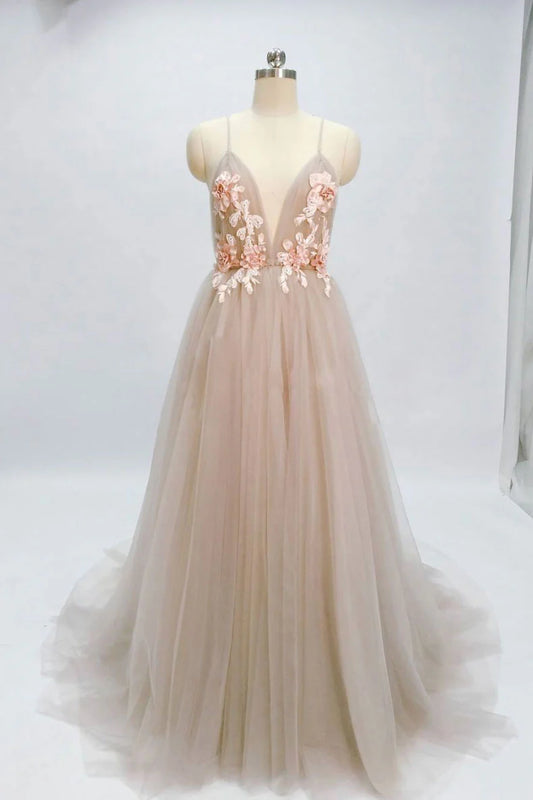 V neck tulle long prom dress