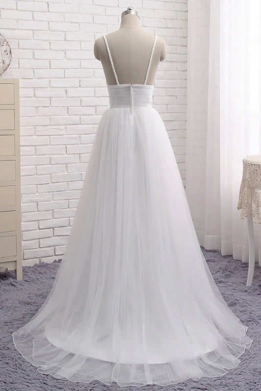 Simple V neck tulle long prom dress