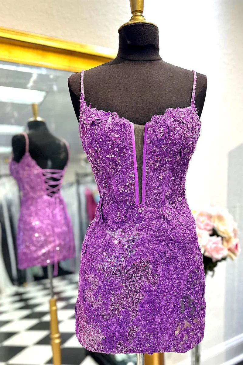 Sheath Spaghetti Straps Sequined Lace Homecoming Dress