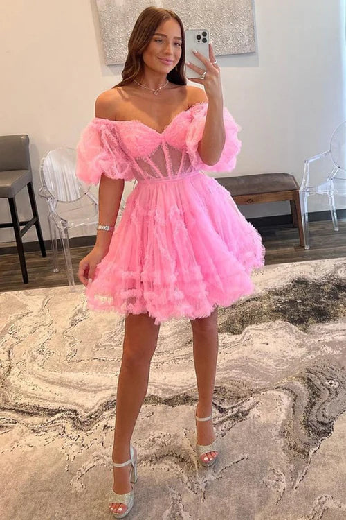 A Line Off the Shoulder Tulle Homecoming Dress