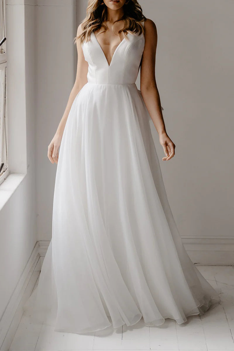 A Line Deep V Neck Open Back Simple Boho Wedding Dress