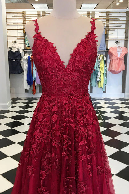 V neck tulle lace long prom dress
