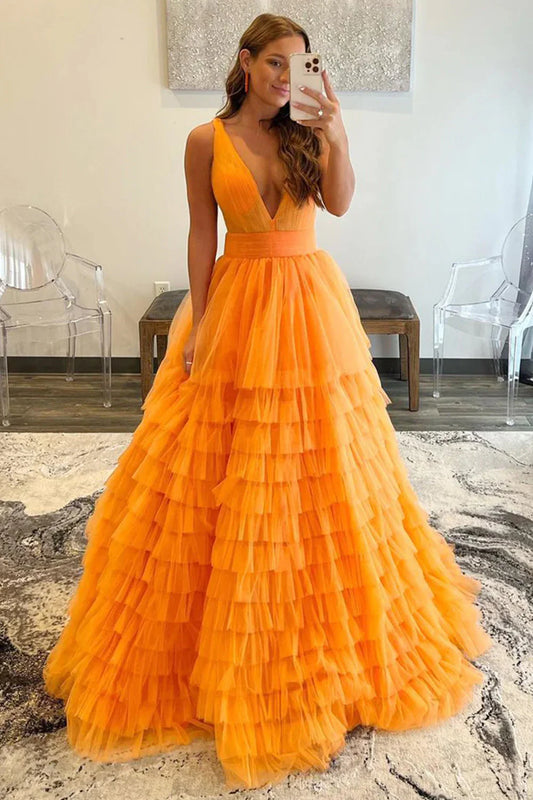 Langes Ballkleid aus Tüll in A-Linie mit V-Ausschnitt