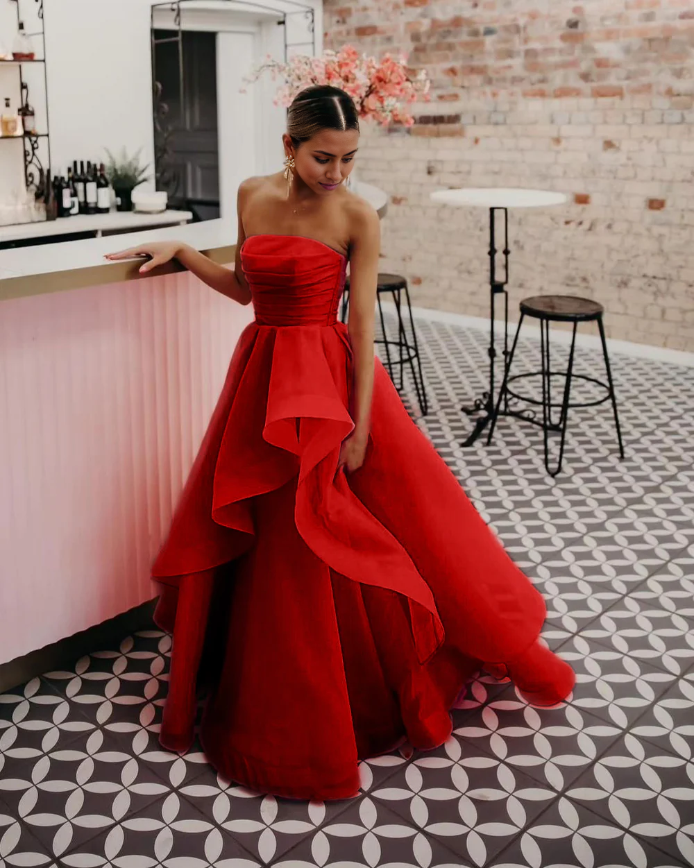 Vestido de fiesta de organza sin tirantes de corte A
