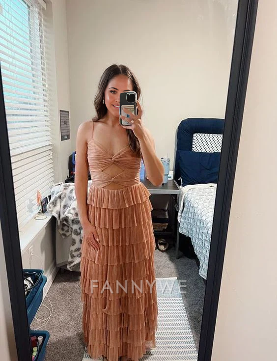 A-line elegant spaghetti strap long tulle tiered formal dresses Bridesmaid Dresses evening gown Prom Dress
