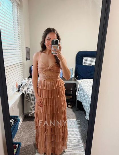 A-line elegant spaghetti strap long tulle tiered formal dresses Bridesmaid Dresses evening gown Prom Dress