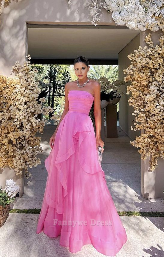 Vestido formal rosa sin tirantes, sencillo, de corte A, para dama de honor, de noche, para fiesta 