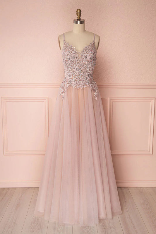 V neck tulle lace applique long prom dress