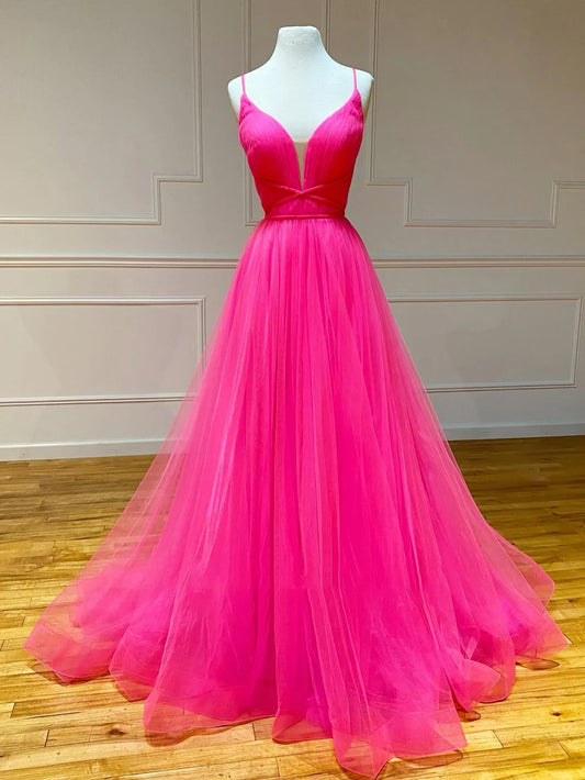 A Line Tulle Ruffles Long Prom Dress