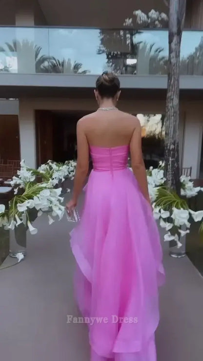 Vestido formal rosa sin tirantes, sencillo, de corte A, para dama de honor, de noche, para fiesta 