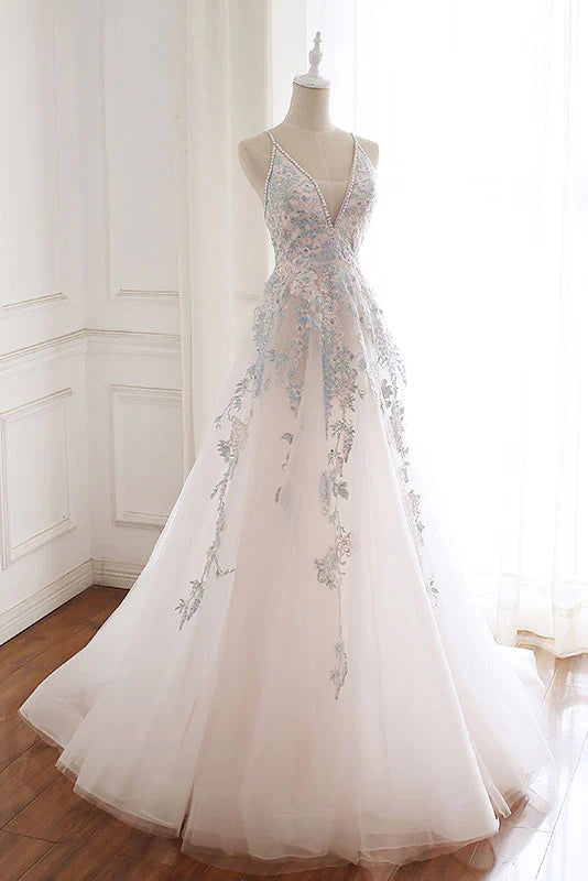 V neck tulle lace long prom dress