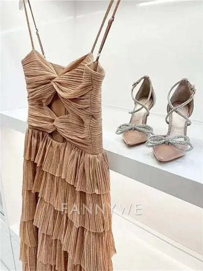 A-line elegant spaghetti strap long tulle tiered formal dresses Bridesmaid Dresses evening gown Prom Dress