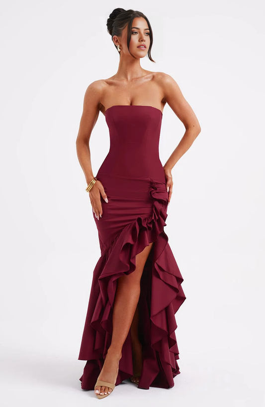 Sirena sin tirantes con volantes, vestidos formales sexys, vestidos de dama de honor, vestido de noche, vestido de fiesta con abertura 