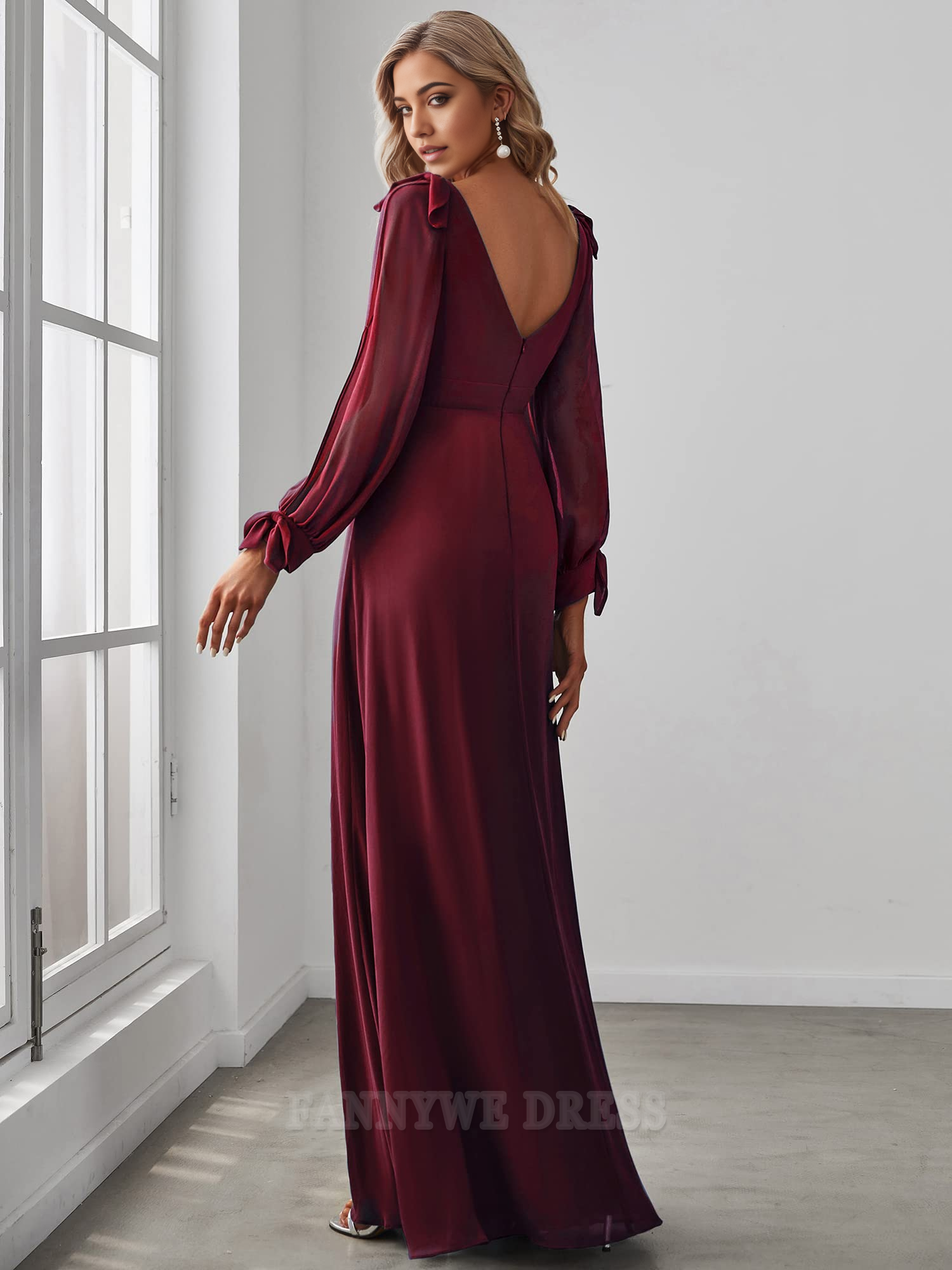Elegant Double V Neck Long Sleeve formal dresses Bridesmaid Dresses evening gown Prom Dress High Waist Split