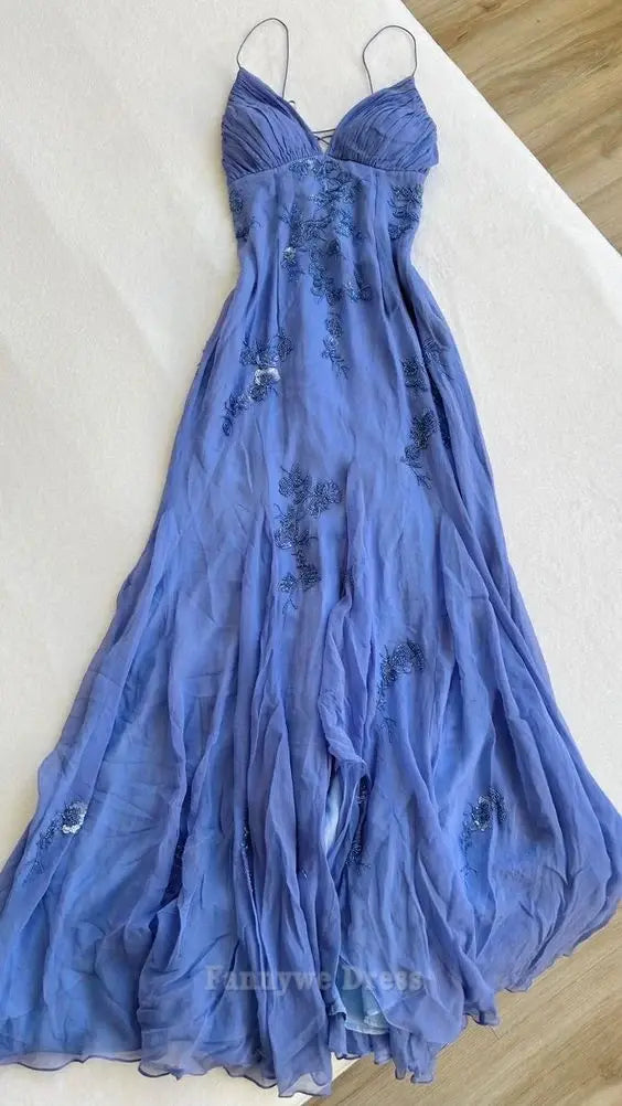 A-line V-Neck Spaghetti Straps Blue formal dresses Bridesmaid Dresses evening gown Prom Dress