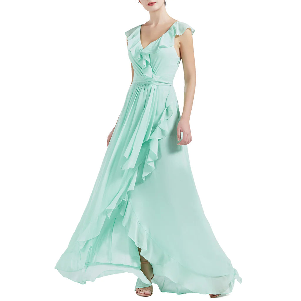 V Neck Ruffle Cap Sleeve Long Wedding Bridesmaid Dresses