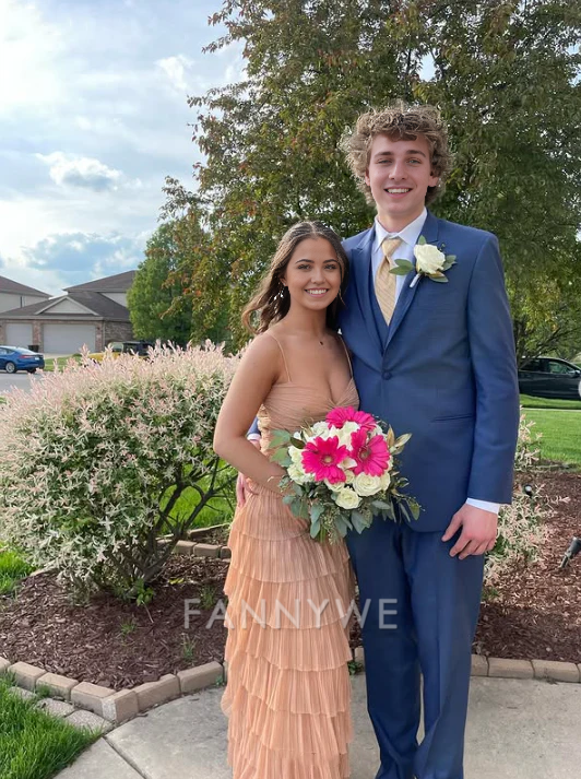 A-line elegant spaghetti strap long tulle tiered formal dresses Bridesmaid Dresses evening gown Prom Dress