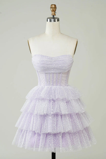 Sparkly Strapless Corset Polka Dots Tiered Cute Homecoing Dress