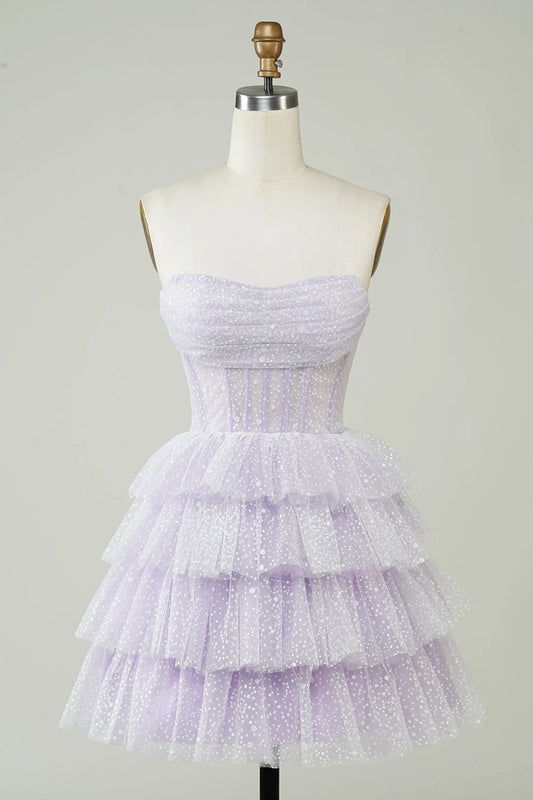 Sparkly Strapless Corset Polka Dots Tiered Cute Homecoing Dress