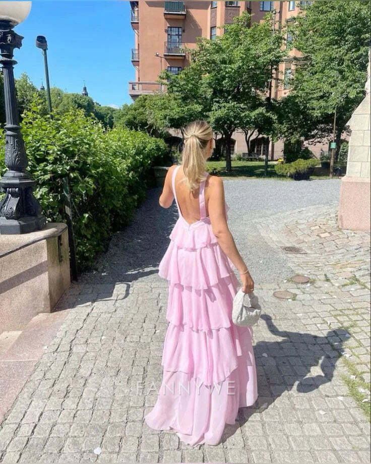 A-line Sweetheart backless long chiffon tiered Pink formal dresses Bridesmaid Dresses evening gown Prom Dress