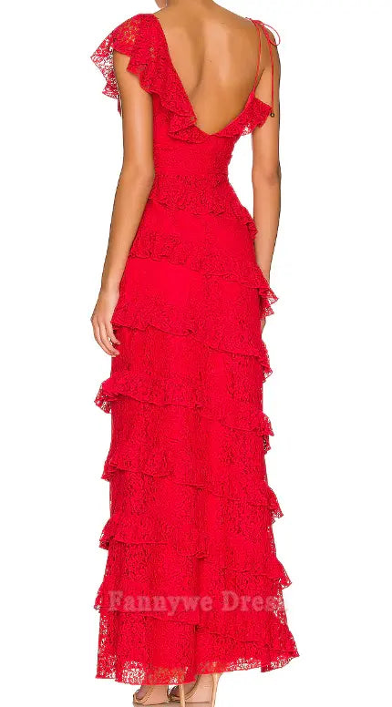 Sheath V-Neck sexy lace long red formal dresses Bridesmaid Dresses evening gown Prom Dress With Split