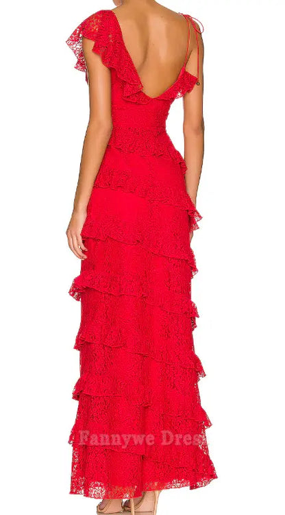 Sheath V-Neck sexy lace long red formal dresses Bridesmaid Dresses evening gown Prom Dress With Split