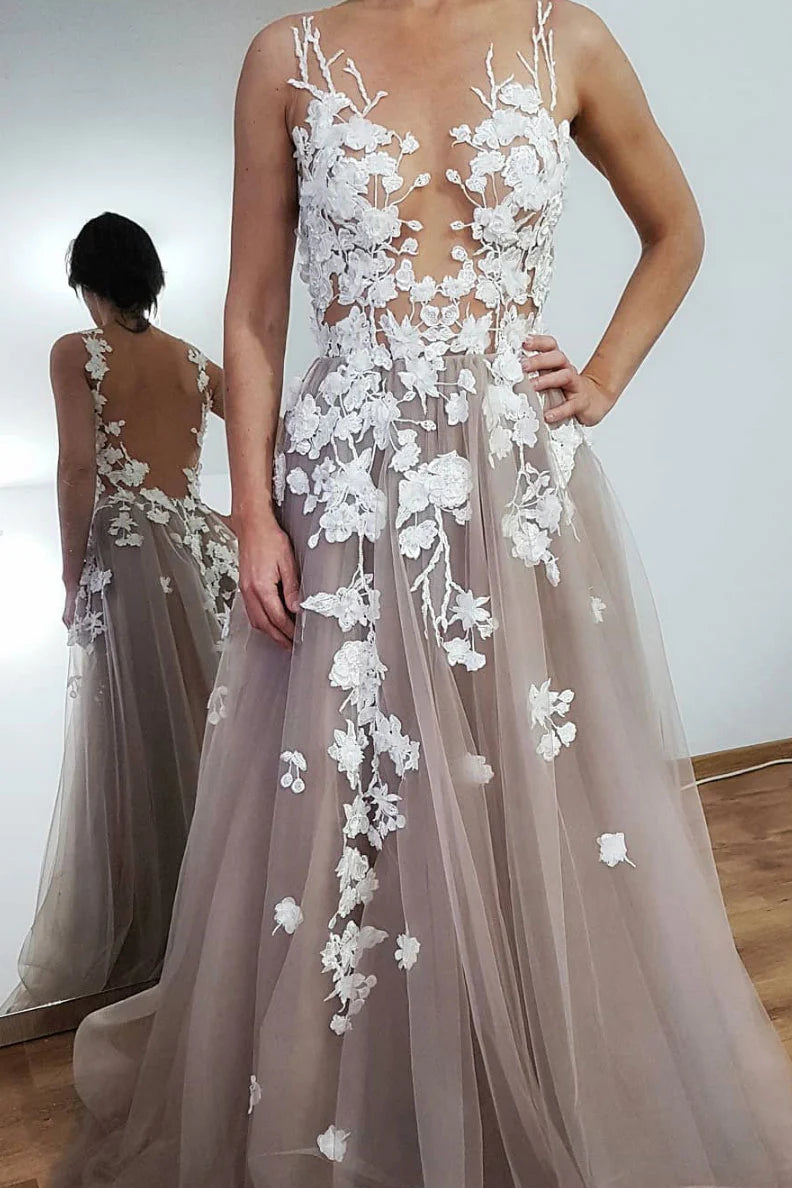 Round neck lace tulle long prom dress