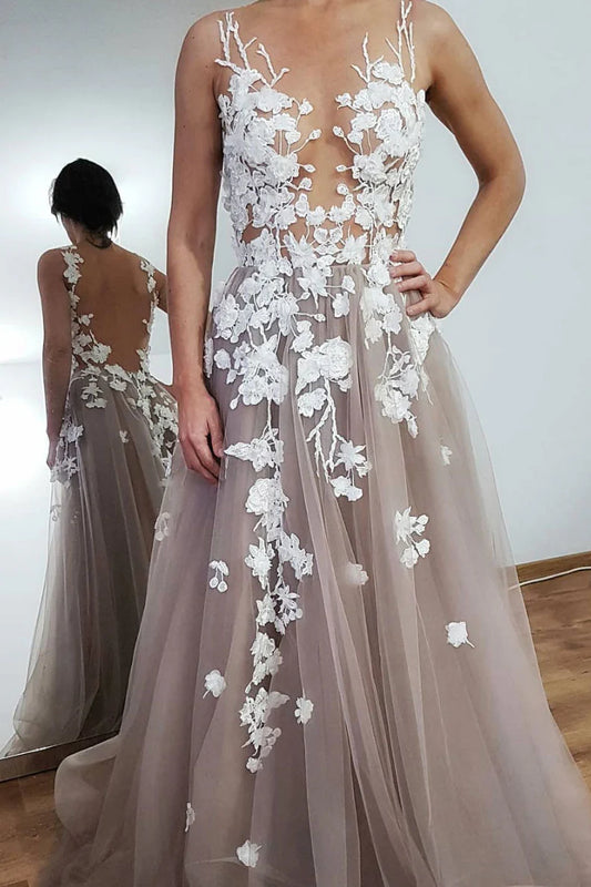 Round neck lace tulle long prom dress