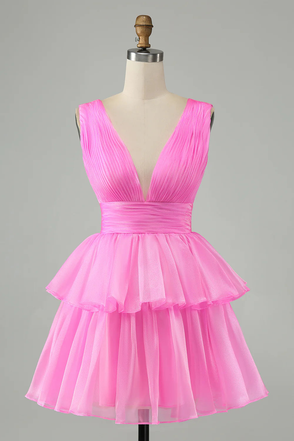 A Line V Neck Pleated Tiered Short Homecoming Dress