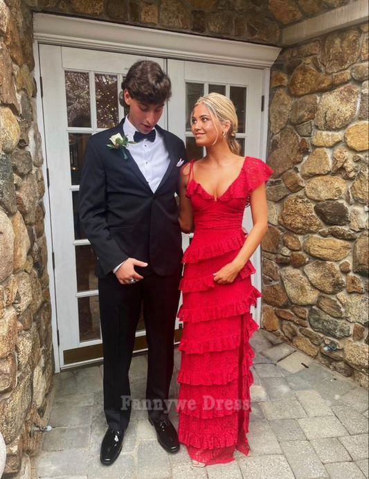 Sheath V-Neck sexy lace long red formal dresses Bridesmaid Dresses evening gown Prom Dress With Split