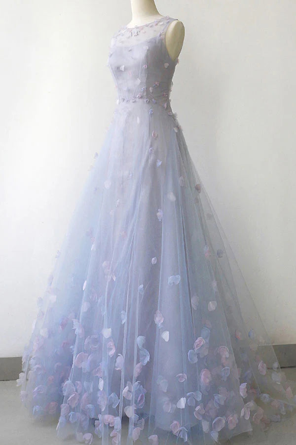 Simple round neck tulle long prom dress