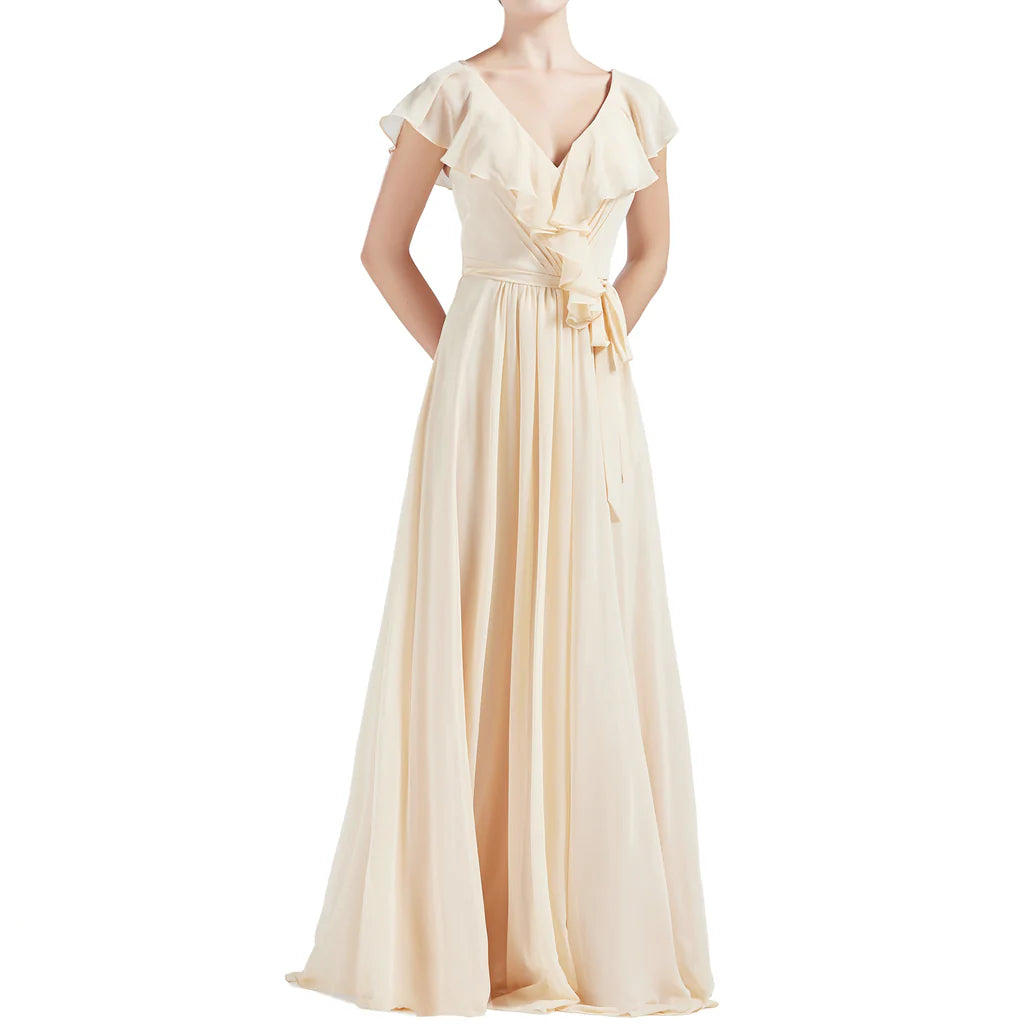 V Neck Ruffle Cap Sleeves Long Bridesmaid Dresses