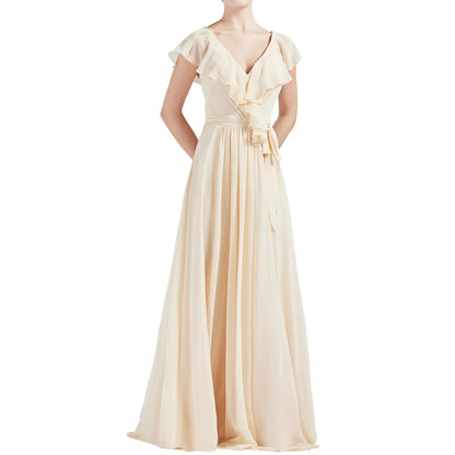 V Neck Ruffle Cap Sleeves Long Bridesmaid Dresses