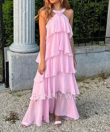 A-line Sweetheart backless long chiffon tiered Pink formal dresses Bridesmaid Dresses evening gown Prom Dress