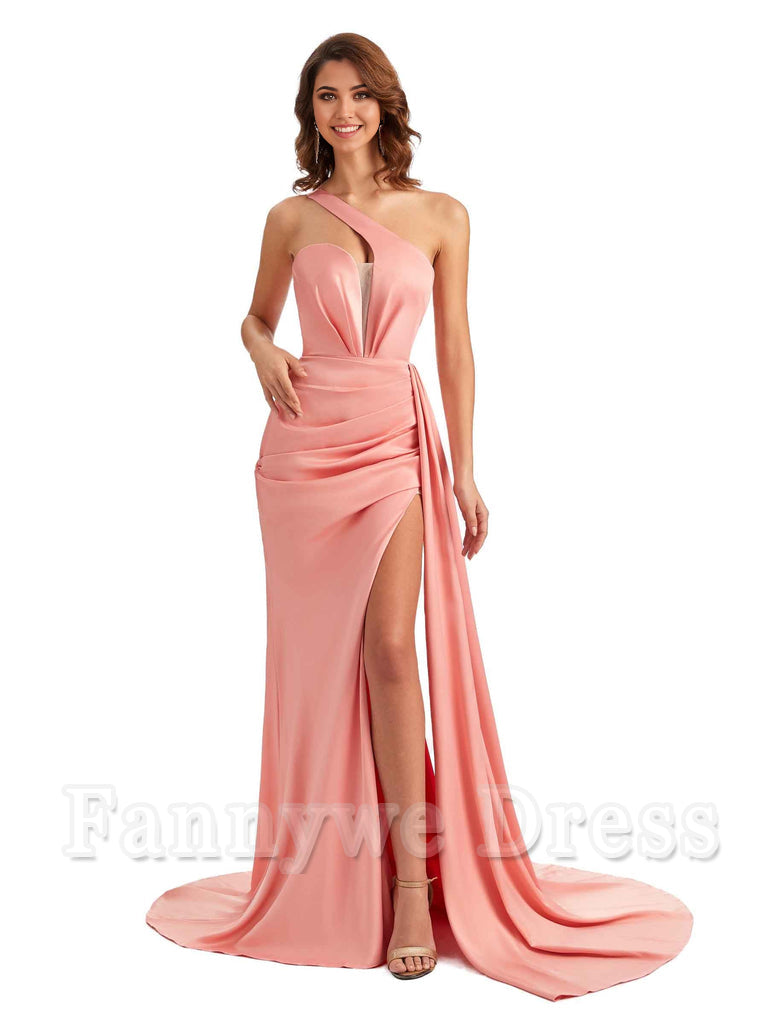 Mermaid One Shoulder Satin formal dresses evening gown Bridesmaid Dresses With Side Slit