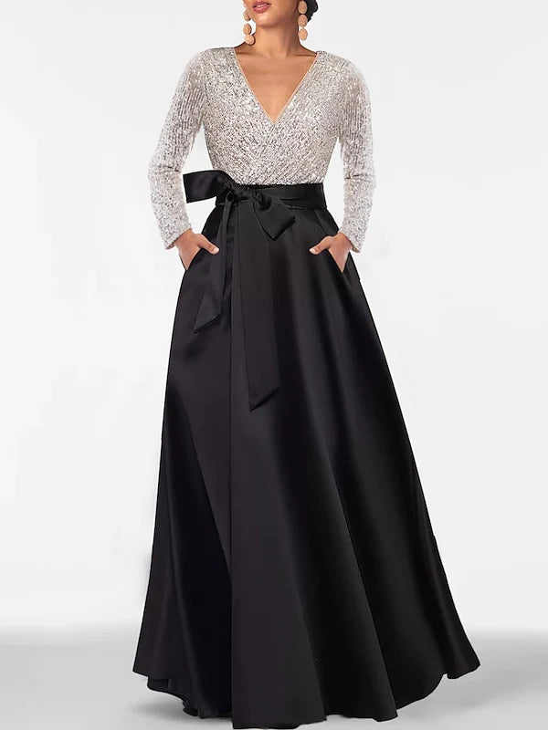 A-Line V-Neck Long Sleeves Floor-Length Mother Of The Bride Dresses