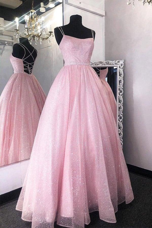 Vestidos de fiesta con tirantes finos brillantes y corte A