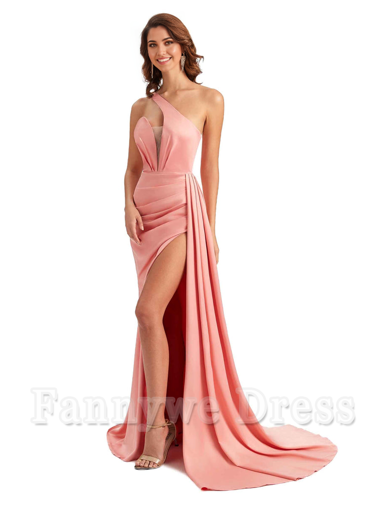 Mermaid One Shoulder Satin formal dresses evening gown Bridesmaid Dresses With Side Slit