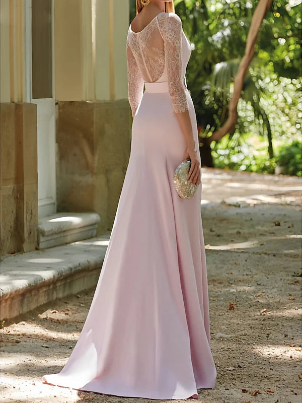 Mermaid Scoop 3/4 Sleeves Sweep / Brush Train Mother Of The Bride Dresses